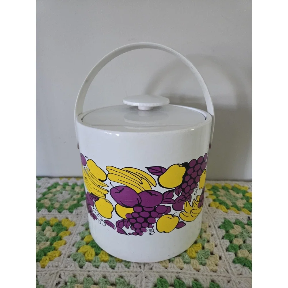 Vintage Ice Bucket 1970's Retro Yellow Purple Fruit Pattern